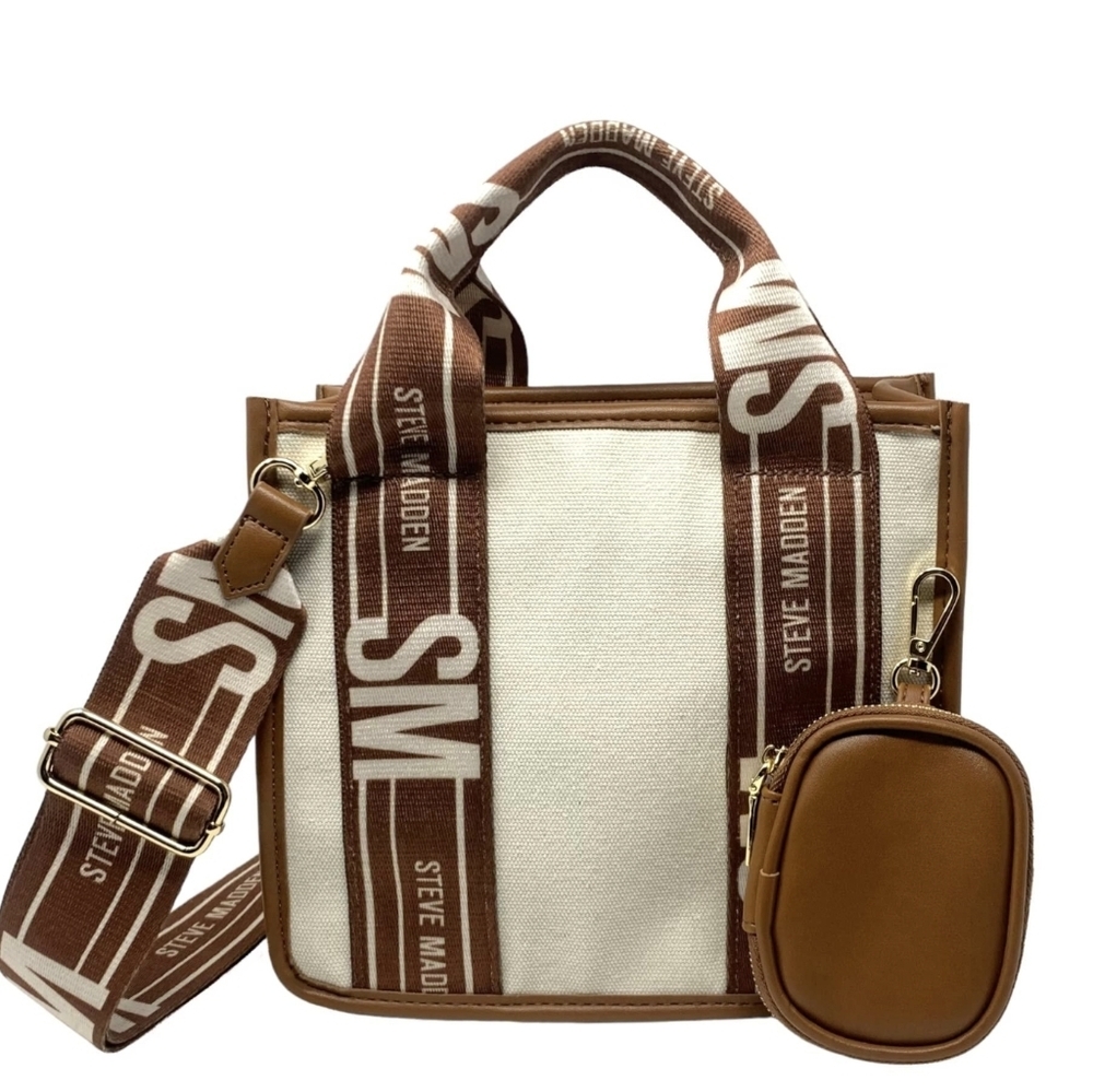 Steve Madden Brown and Cream Canvas Tote with Detachable Strap